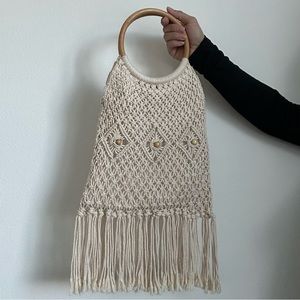 Boho crochet purse with wooden handles and accents